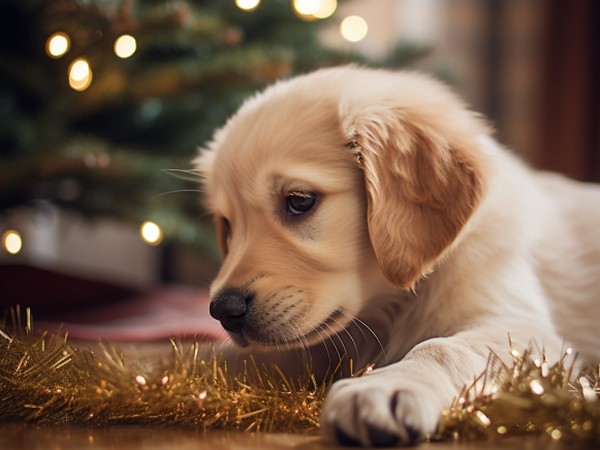 image of puppy with tinsel for article on Are Christmas trees poisonous to dogs?