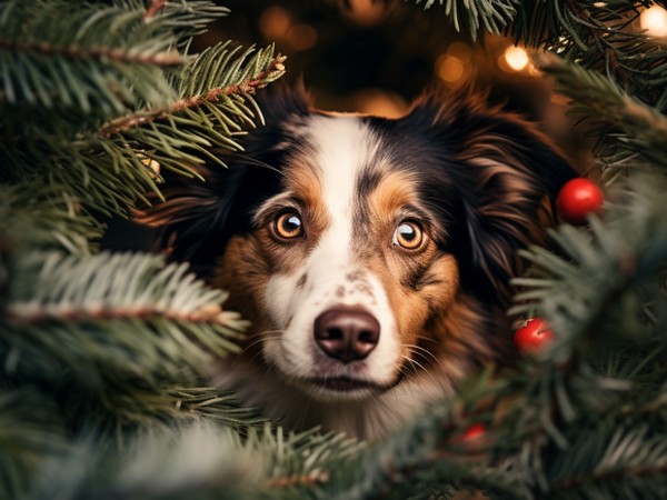collie in a tree for article on Are Christmas trees safe for dogs?