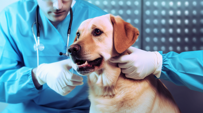 Vet microchipping dog in the veterinary practice