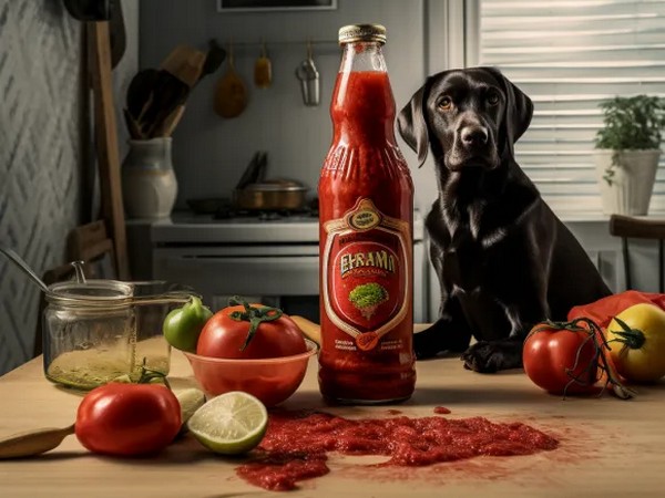 dog wit tomato ketchup bottle for article on why dogs roll in fox poop