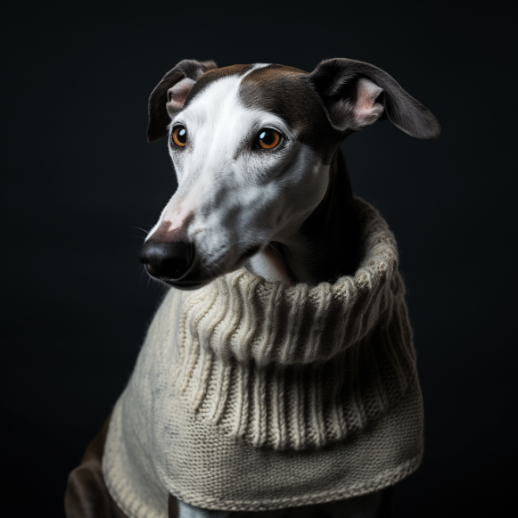 greyhound wearing a coat for article on why is my dog shaking