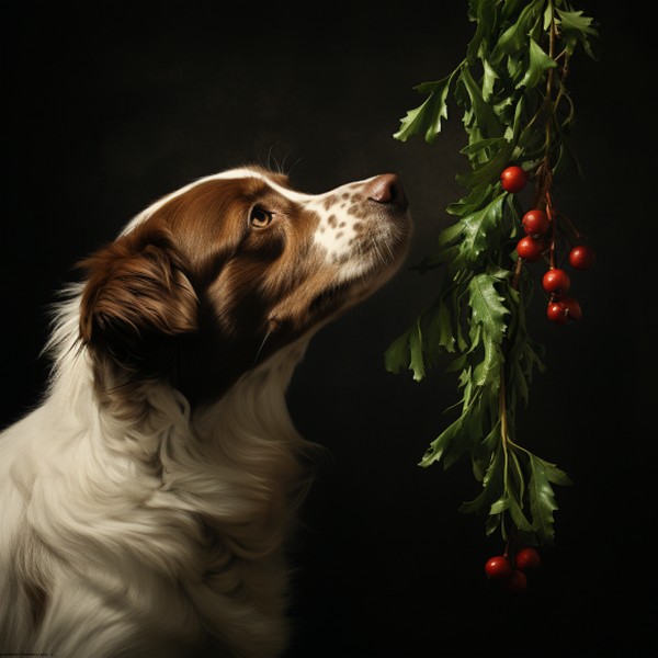 image of dog wit mistletoe for image of dog for article on Christmas plants that are toxic to dogs