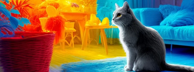 Image of a cat in an indoor setting, depicted through a cat's vision with predominant shades of blue and yellow, and muted reds and greens, emphasising brightness and contrast