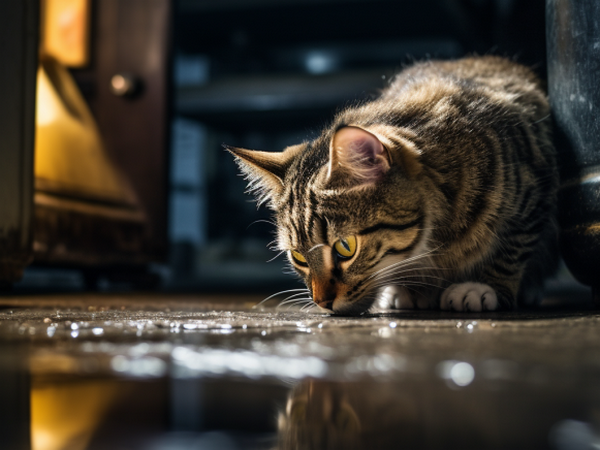 image of cat licking garage floor for article on cat antifreeze poisoning symptoms