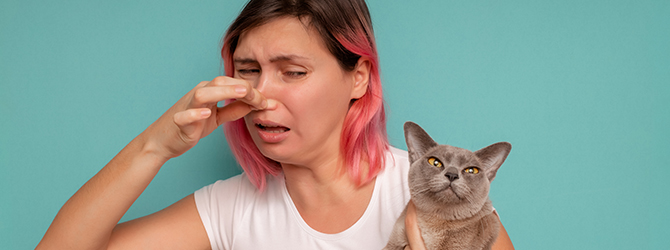 Header image of a concerned woman holding her nose due to bad breath in a cat. The image accompanies an article on bad breath in cats, which can signal dental issues or health problems.