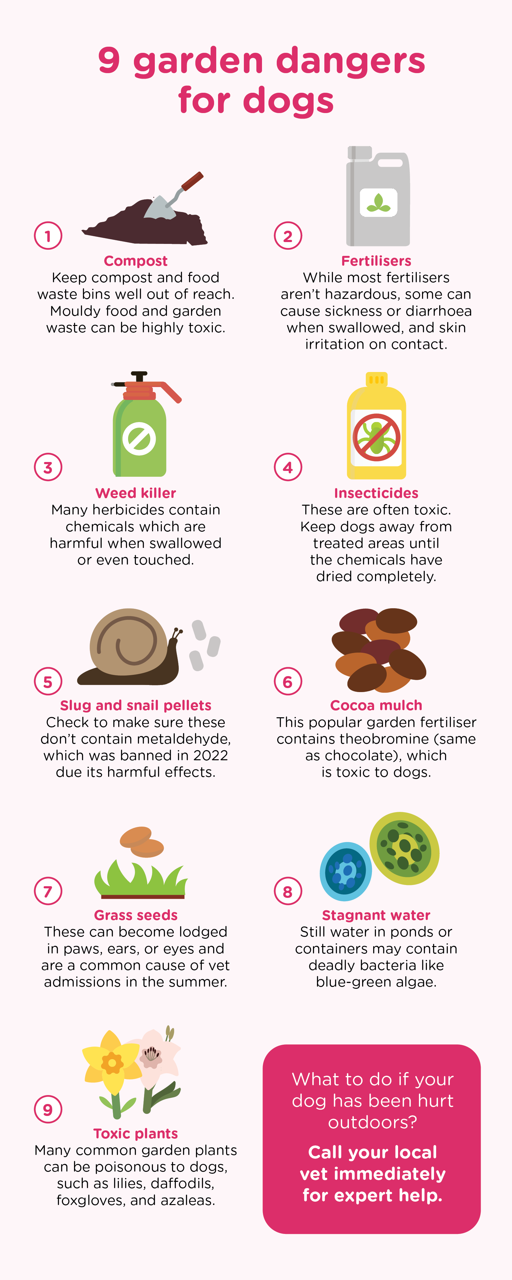 9 garden dangers for dogs: compost, fertilisers, weed killers, insecticides, slug pellets, cocoa mulch, grass seeds, stagnant water, and toxic plants like lilies. Maintain a dog-friendly garden by avoiding these hazards.