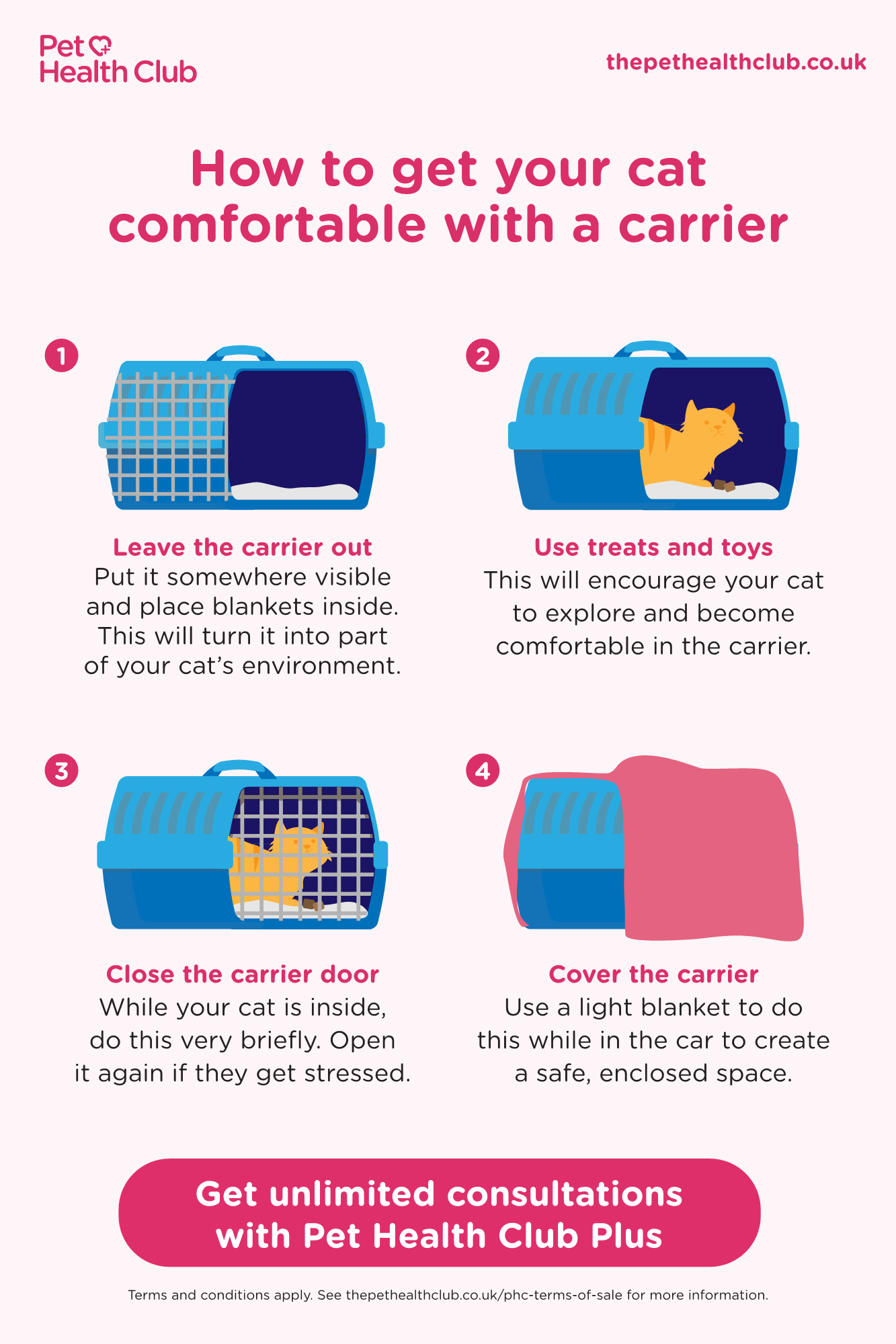 Infographic on how to get your cat comfortable in their carrier through gentle training and positive reinforcement.