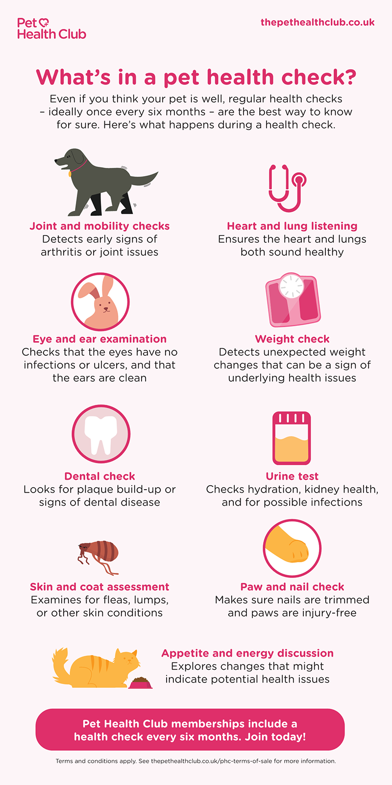 Infographic outlining the key benefits of pet health checks, including mobility and dental checks, urine and weight tests, and eye and ear exams.